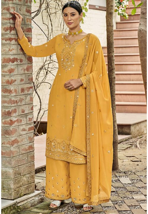 Yellow Sangeet Palazzo Suit In Georgette SFSA351701