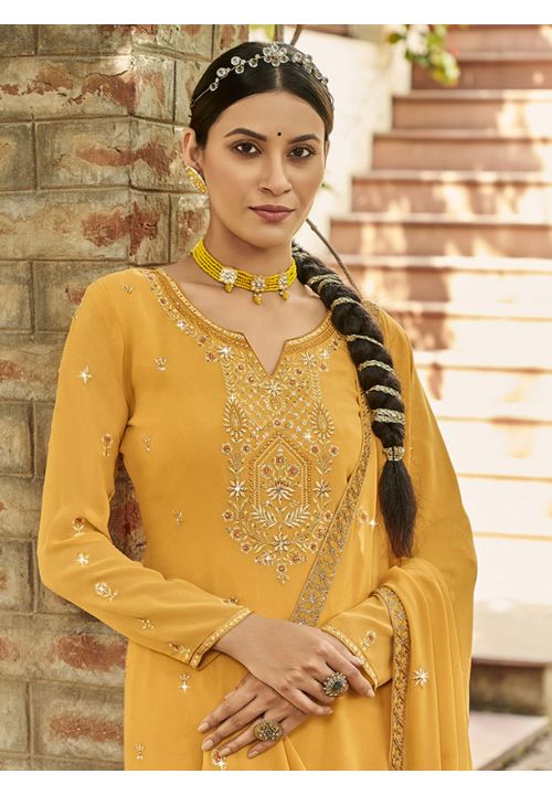 Yellow Sangeet Palazzo Suit In Georgette SFSA351701