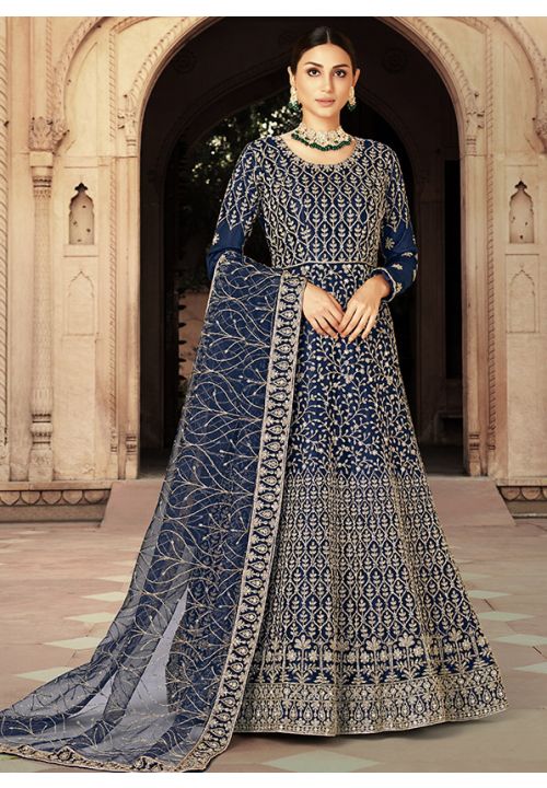Blue Bridal Heavy Embroidery Anarkali Suit In Net SRYS85907