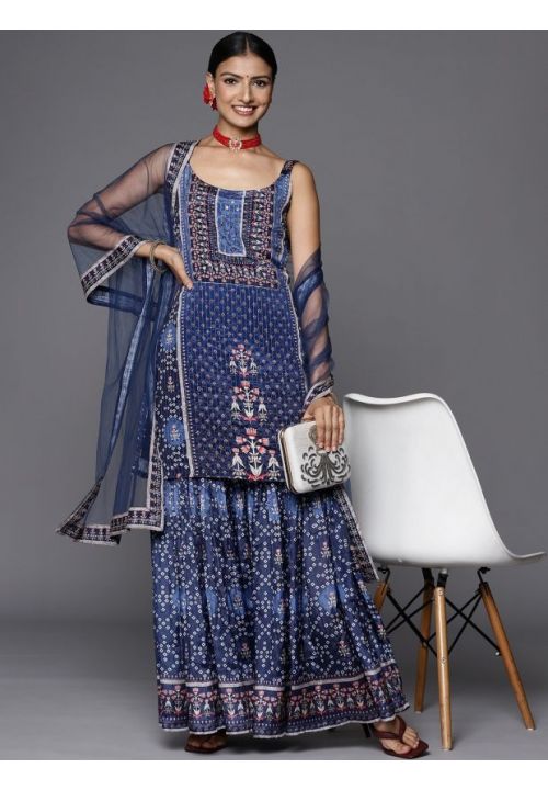 Blue Readymade Palazzo Sharara Suit In Blend Silk SFKSF58401R
