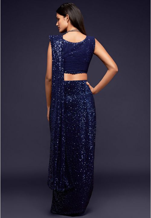 Navy Blue Cocktail Wedding Party Saree Fully Sequined In Georgette SFZC1311 - ShreeFashionWear  