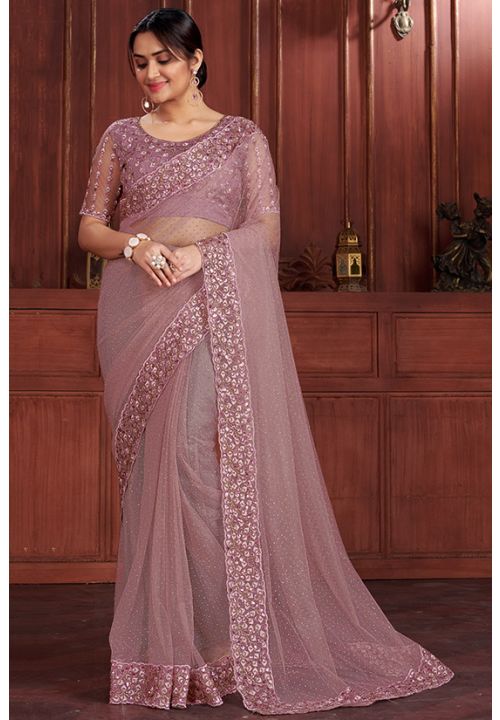 Rose Pink Indian Designer Net Fabric Saree SRSJDN10905 - ShreeFashionWear  