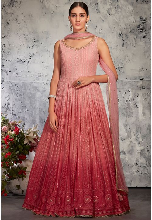 Rose Pink Readymade Lucknowi Bridal Anarkali Gown SFKN60306R - ShreeFashionWear  