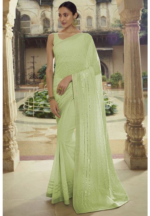 Pastel Green Bridesmaid Wedding Reception Saree In Georgette SHARY9408 - ShreeFashionWear  