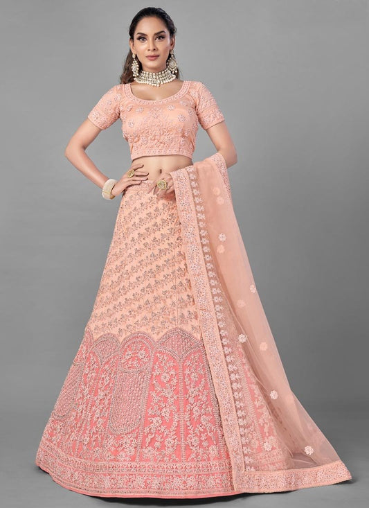 Pastel Peach Heavy Bridal Wedding Ceremony Lehenga In Net FZMAY312 - ShreeFashionWear  