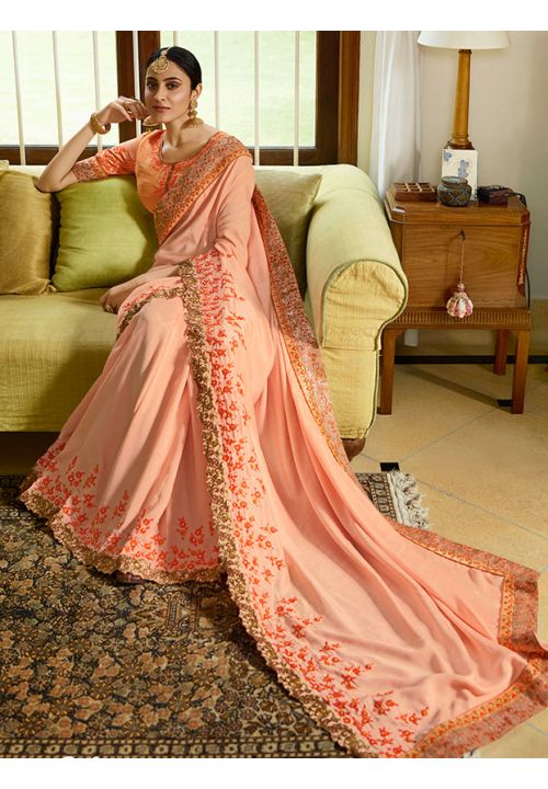 Peach satin silk festival wear saree 21815