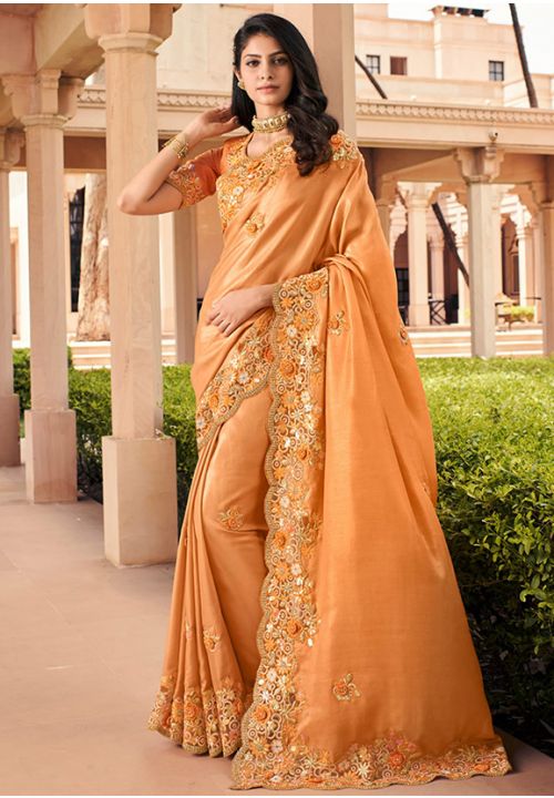 Online Orange Bridal Wedding Festive Saree In Pure Silk SFYMK3506 - ShreeFashionWear  