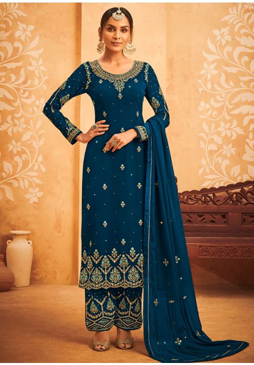 Blue Georgette Plus Size Salwar Pant Palazzo Suit SRDSIF9405 - ShreeFashionWear  