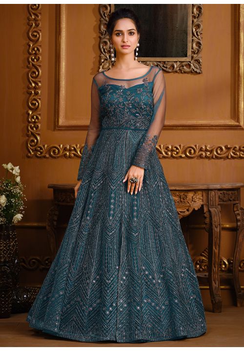 Blue Indian Pakistani Bridal Gown Anarkali Suit In Net  SFVPL18803 - ShreeFashionWear  