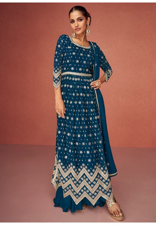 Designer Indian Blue Long Georgette Palazzo Suit SFSMT7904