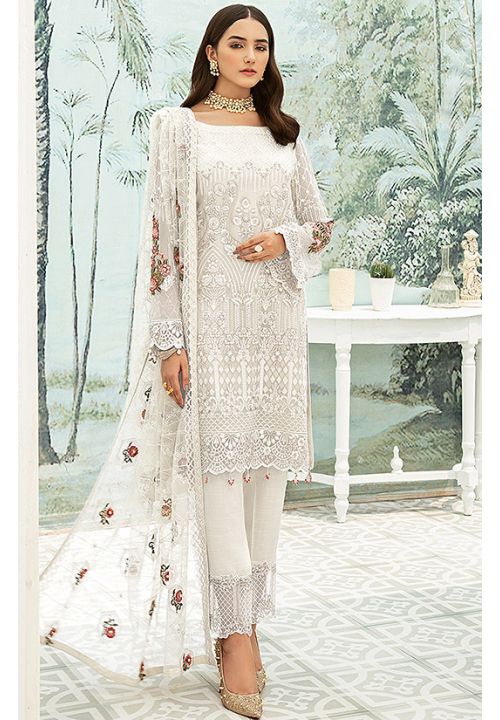 White Georgette Print Salwar Pant Churidar Suit SRROY373101 - ShreeFashionWear  