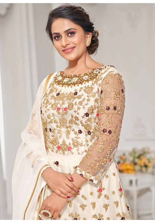 White Bridal Net Anarkali Gown With Stone Work SFDSIF4801 - ShreeFashionWear  