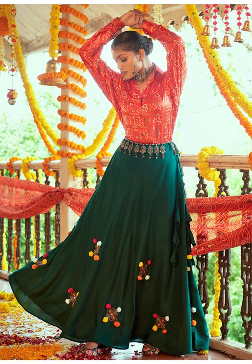Green Red Festival Navaratri Choli Ethnic Skirt with Top SAKHU13808R