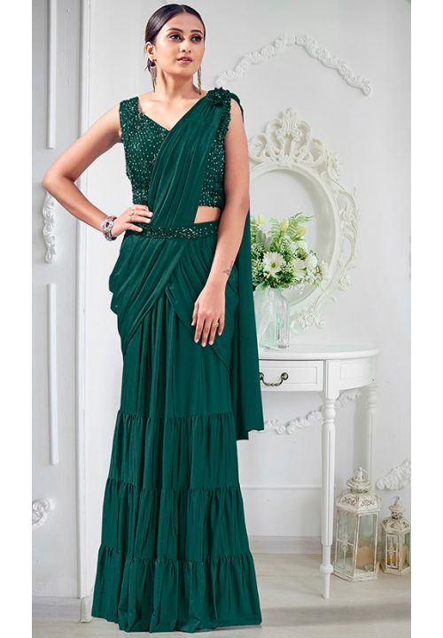 Green Soft Lycra Deisgner Indian Wedding Party Saree  SREXO31304 - ShreeFashionWear  