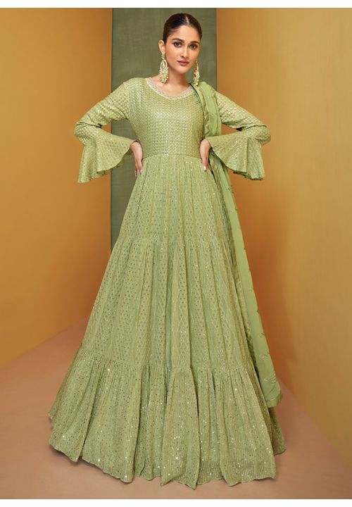 Green Reception Anarkali Wedding Gown In Georgette SYYS88102