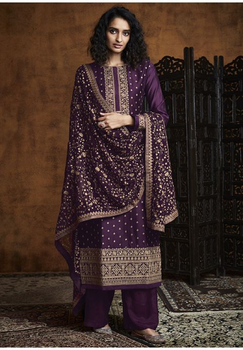 Purple Evening Palazzo Salwar Suit In Silk SHYS65702A - ShreeFashionWear  