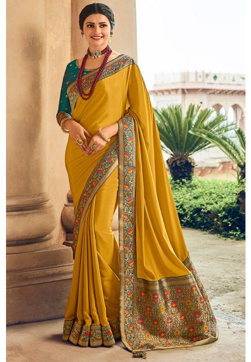 Teal Yellow Mustard Prachi Desai Silk Crepe Designer Saree SFFSN23103 - ShreeFashionWear  