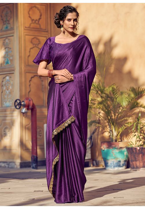 Satin Silk Border Classic Saree in Purple