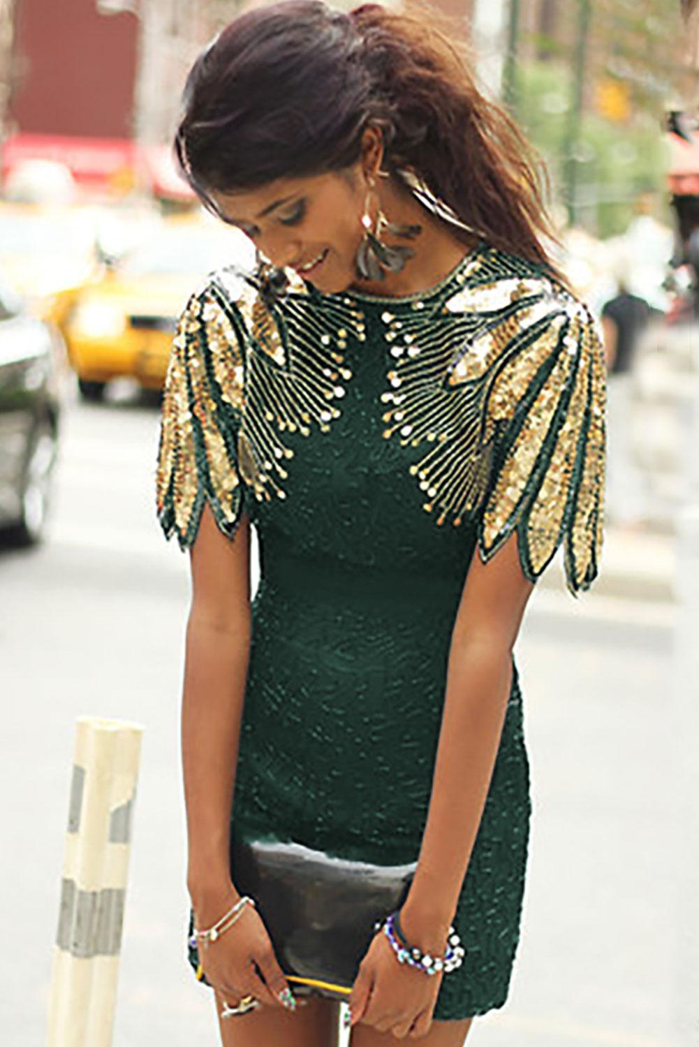 Green  Sequin Dress With Fancy Shoulder IT988OB - ShreeFashionWear  
