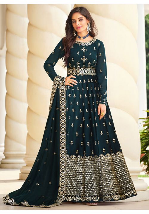 Blue Bridal Heavy Embroidery Long Anarkali Suit In Georgette SRSA344003