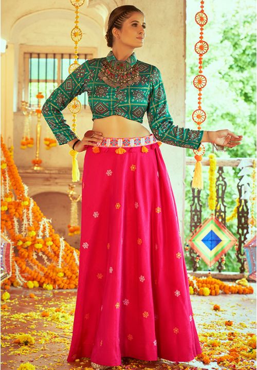 Pink Green Festival Navaratri Choli Ethnic Skirt with Top SAKHU13807R