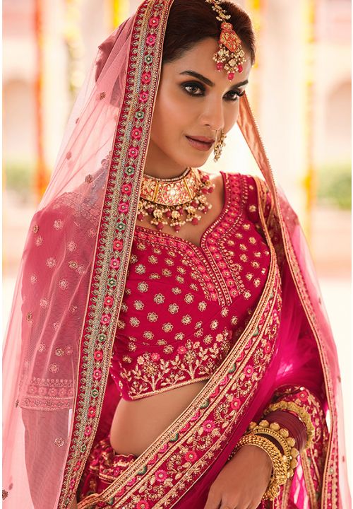 Rose Pink Velvet Bridal Lehenga Choli with Embroidery &