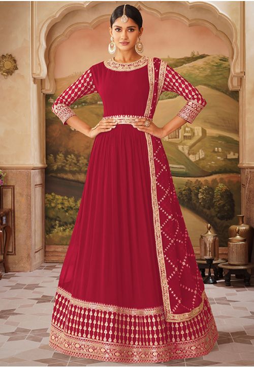 Red Georgette Floor Length Wedding Wear Anarkali Suit for Eid