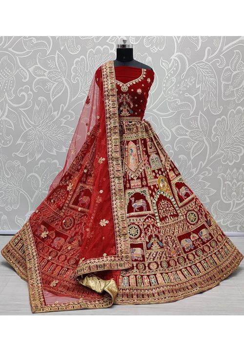 Red Royal Bridal Indian Pakistani Bridal Lehenga In Velvet SRANJ1805 - ShreeFashionWear  