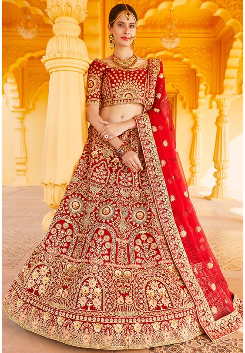 Patrimony Indian Bridal Red Velvet Hand Work Lehenga Choli SFARY10603 - ShreeFashionWear  