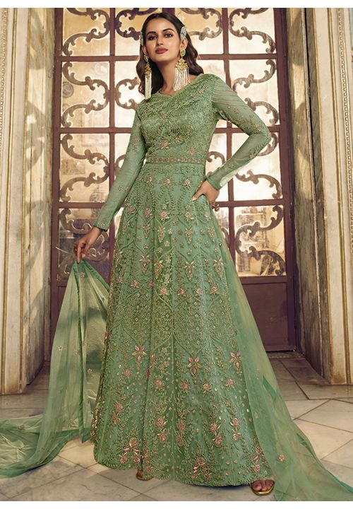 Green Reception Anarkali Wedding Gown In Georgette SSWG7604