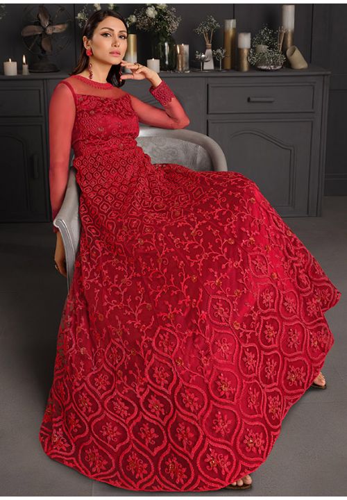 Red Net Wedding Party Long Anarkali Gown Suit SFSWG6705 - ShreeFashionWear  