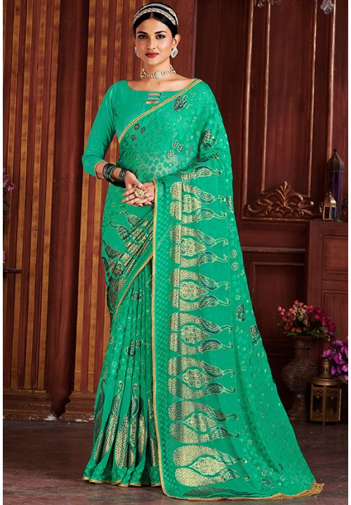 Green Brasso Sangeet Party Indian Pakistani Peacock Saree SREXO34102 - ShreeFashionWear  