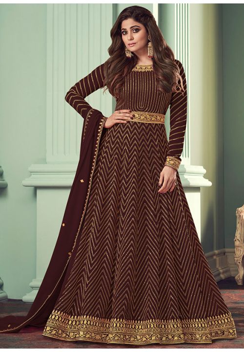 Brown Heavy Georgette Shamita Shetty Anarkali Suit SRSA281605C - ShreeFashionWear  