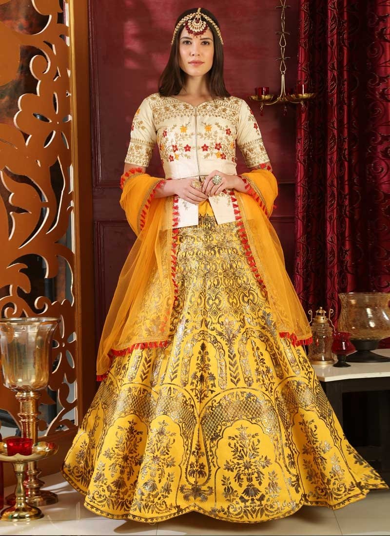 Buy Cream Yellow Haldi Wedding Lehenga In Silk SFAZMA47 - ShreeFashionWear  