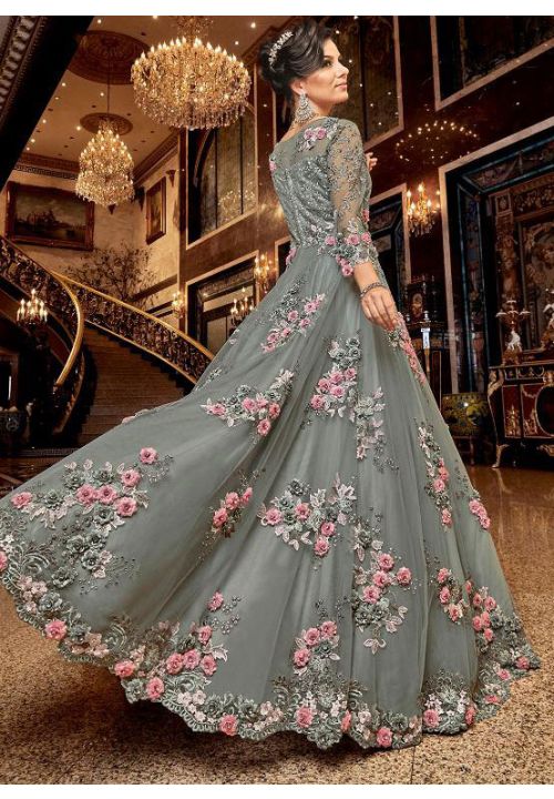 Grey Floral Bridal Anarkali Gown In Net  SFSWG5702 - ShreeFashionWear  