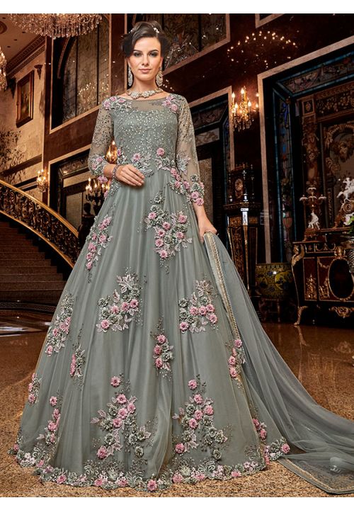 Grey Floral Bridal Anarkali Gown In Net  SFSWG5702 - ShreeFashionWear  