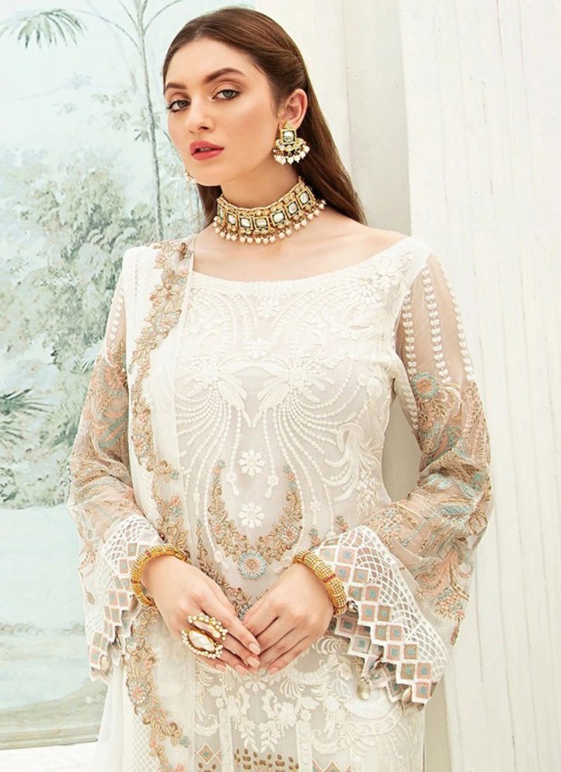 Designer Off White Salwar Kameez Pant Suit In Georgette EXMAY50 - ShreeFashionWear  