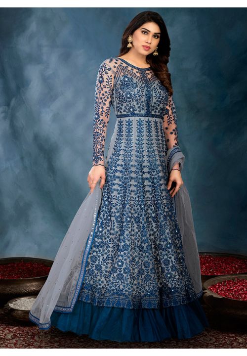 Blue Long Anarkali Suit In Net Swarovski Work SRSA317001 - ShreeFashionWear  