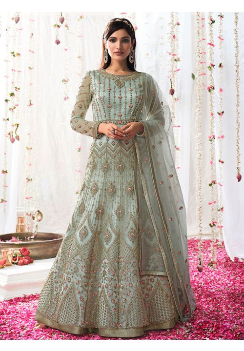 Olive Grey Wedding Reception Designer Net Anarkali Suit SRSWG7201 - ShreeFashionWear  