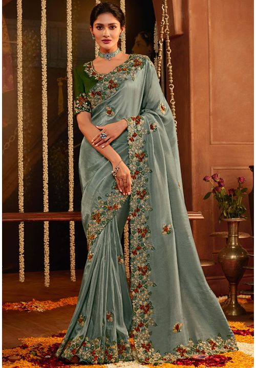 Teal Green Indian Wedding Saree Viscose Fabric SRYMK9611