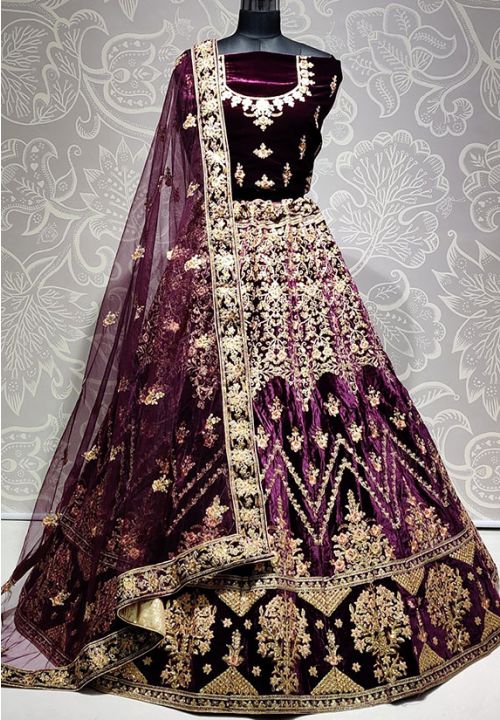 Purple Super Heavy Bridal Lehenga In Velvet Stone Work SIYA3225 - ShreeFashionWear  