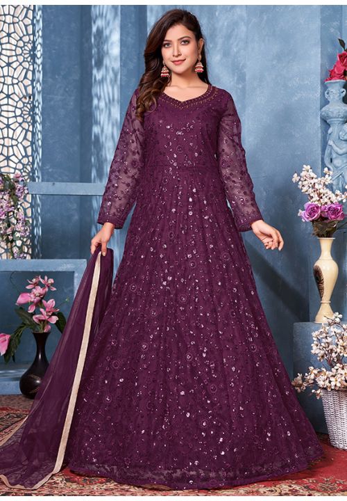 Purple Net Designer Heavy Sequin Work Anarkali Suit SRDFS17702 - ShreeFashionWear  