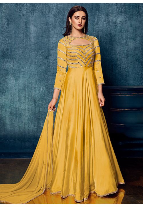 Yellow Satin Fabric Anarkali Suit In Sequin Work SFSA310201 - ShreeFashionWear  
